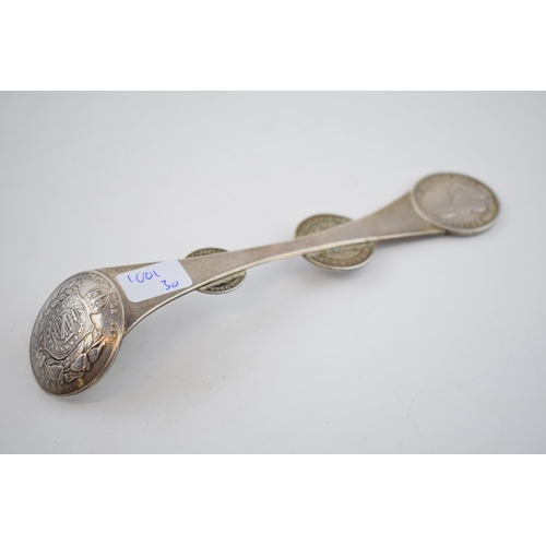 412 - Silver spoon made with Brazilian silver Reis coins to include 1000 Reis, 2000 Reis and others, 66.4 ... 