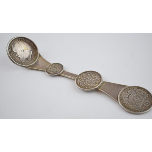 412 - Silver spoon made with Brazilian silver Reis coins to include 1000 Reis, 2000 Reis and others, 66.4 ... 