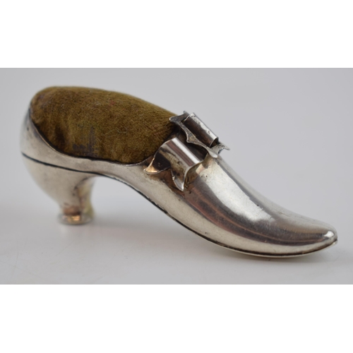 419 - Hallmarked silver pin cushion in the form of a shoe with an ornate buckle, Birmingham, late 19th cen... 