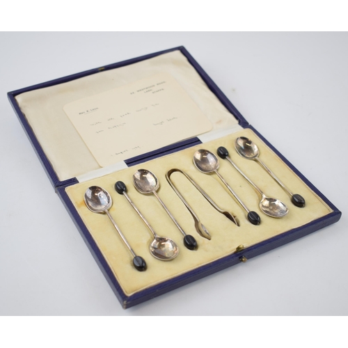 420 - Hallmarked silver set of 6 tea spoon with sugar tongs, given to Revered E Leah of Westwood Road, Lee... 