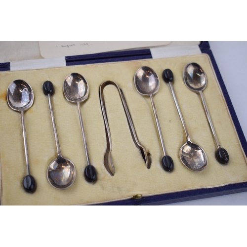 420 - Hallmarked silver set of 6 tea spoon with sugar tongs, given to Revered E Leah of Westwood Road, Lee... 