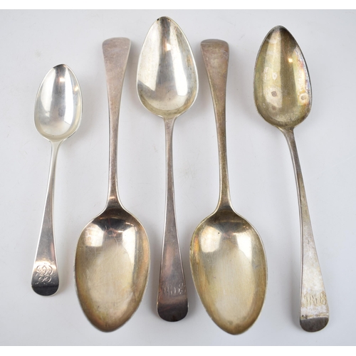 421 - Five silver spoons to include Georgian and Victorian examples. Weight 363.5 grams. (5)