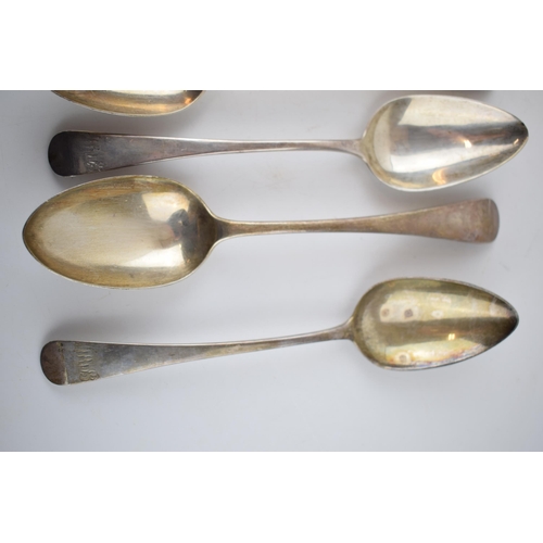 421 - Five silver spoons to include Georgian and Victorian examples. Weight 363.5 grams. (5)