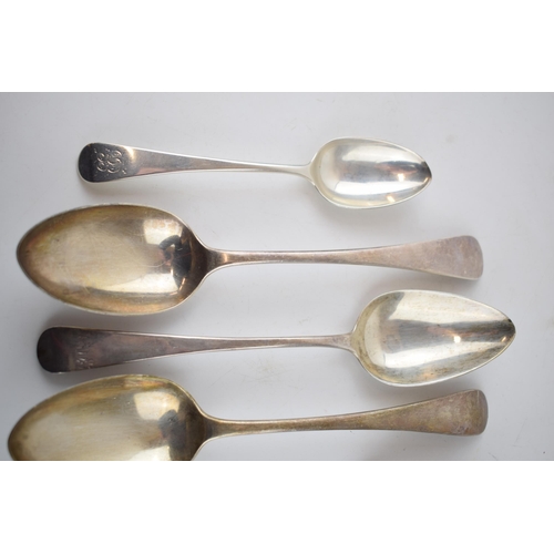 421 - Five silver spoons to include Georgian and Victorian examples. Weight 363.5 grams. (5)