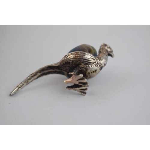 426 - Early 20th century sterling silver pin cushion in the form of a pheasant with blue velvet cushion, 4... 