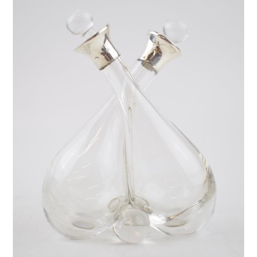 431 - Silver collared double oil bottle, Chester hallmark, date mark rubbed, 14.5cm tall.