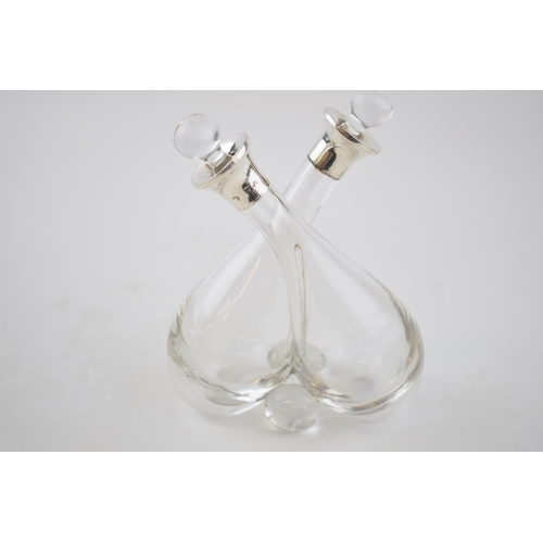 431 - Silver collared double oil bottle, Chester hallmark, date mark rubbed, 14.5cm tall.