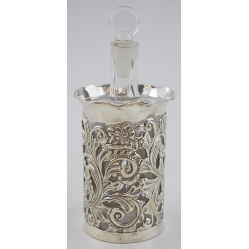 434 - Silver cased glass perfume bottle, Birmingham 1904, A W Pennington, 14.5cm tall.