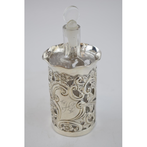 434 - Silver cased glass perfume bottle, Birmingham 1904, A W Pennington, 14.5cm tall.