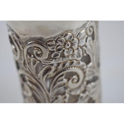 434 - Silver cased glass perfume bottle, Birmingham 1904, A W Pennington, 14.5cm tall.