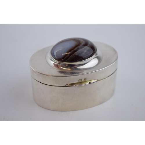 445 - Hallmarked silver oval trinket box, Birmingham 1910/11, WHH, set with hardstone, 7cm wide.