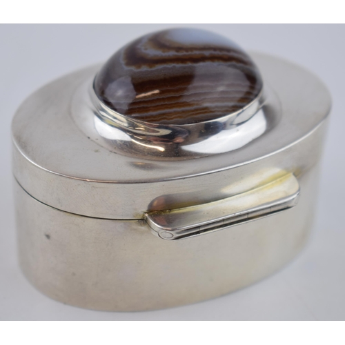 445 - Hallmarked silver oval trinket box, Birmingham 1910/11, WHH, set with hardstone, 7cm wide.