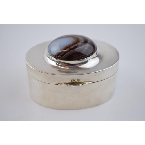 445 - Hallmarked silver oval trinket box, Birmingham 1910/11, WHH, set with hardstone, 7cm wide.