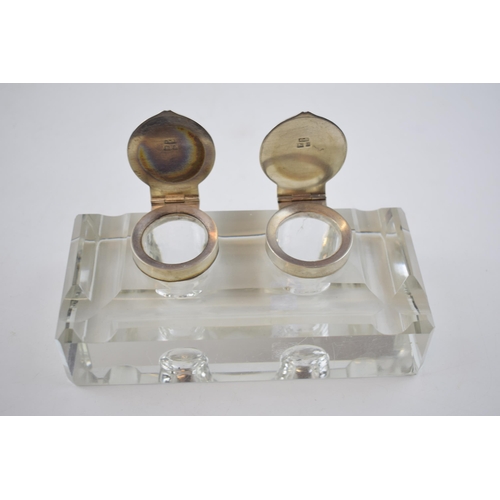 448 - Hallmarked silver and glass double inkwell, Birmingham 1900, AWP, engraved tops, 15.5cm wide.