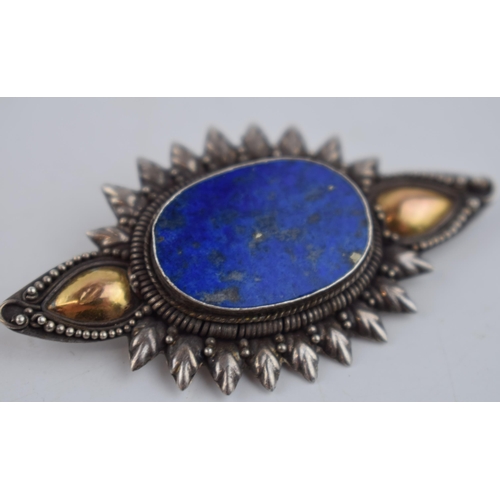 454 - Antique silver brooch with lapis lazuli stone and yellow metal fronted panels. Marked 925 to reverse... 