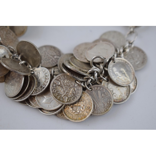 459 - Sterling silver bracelet with many silver three pence pieces to include pre-1946 and pre-1920 exampl... 