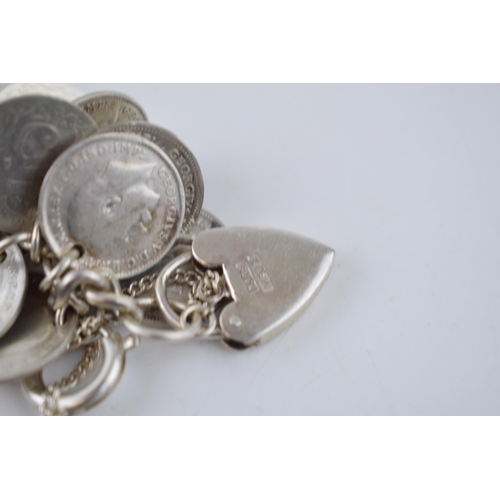 459 - Sterling silver bracelet with many silver three pence pieces to include pre-1946 and pre-1920 exampl... 