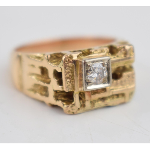 477 - 9ct gold gentleman's chunky ring set with diamond in ornate ring head, circa 0.2ct, 12.2 grams, size... 