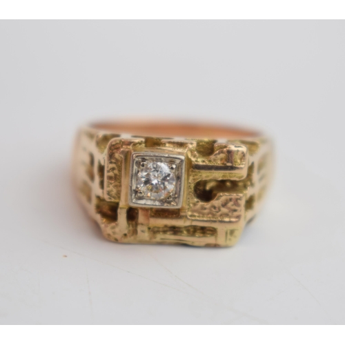 477 - 9ct gold gentleman's chunky ring set with diamond in ornate ring head, circa 0.2ct, 12.2 grams, size... 