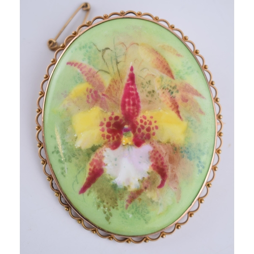 488 - 9ct gold cased painted porcelain miniature, with floral decoration, signed D Dewsberry, 58mm wide, w... 