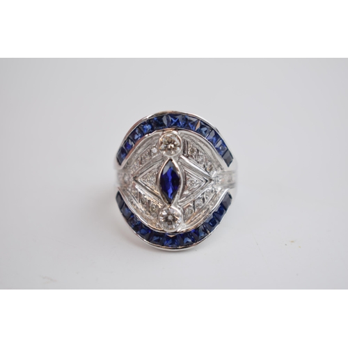 507 - 18ct white gold Art Deco style ring, set with 2ct of sapphire and 0.55ct of diamond, 8.5 grams, size... 