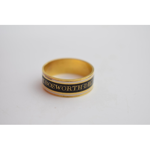 509 - Local Interest / Leek: an interesting 18th century 22 carat gold mourning ring, with white enamelled... 