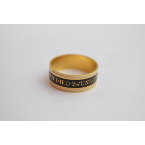 509 - Local Interest / Leek: an interesting 18th century 22 carat gold mourning ring, with white enamelled... 