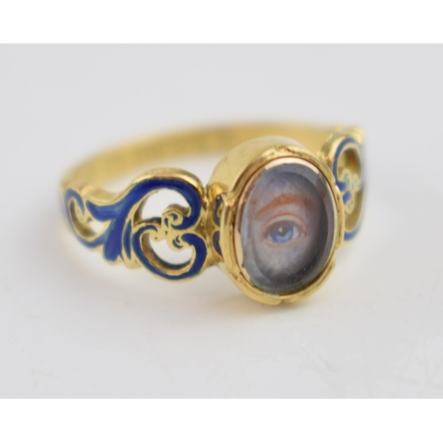 510 - 18ct gold antique mourning ring, with blue enamelled decoration featuring an eye, 3.3 grams, size M,... 