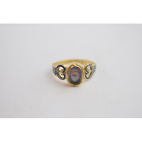 510 - 18ct gold antique mourning ring, with blue enamelled decoration featuring an eye, 3.3 grams, size M,... 