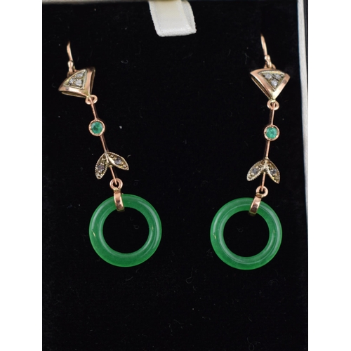 515 - 9ct gold drop earrings with circular jade rings with rose cut diamonds, 5cm long.