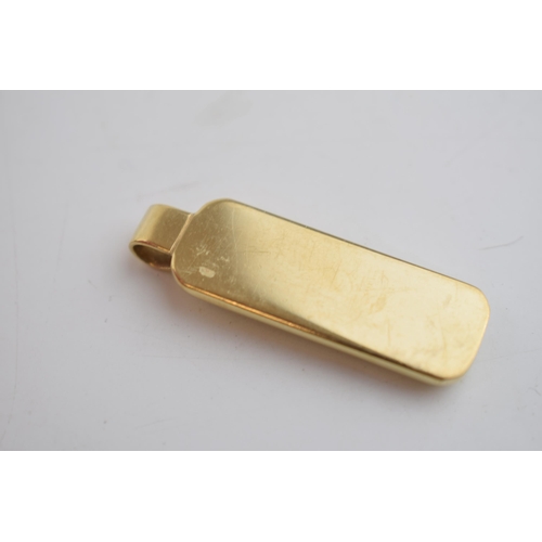 526 - 9ct gold ingot, full hallmarks to front, 4cm tall, 16.6 grams.