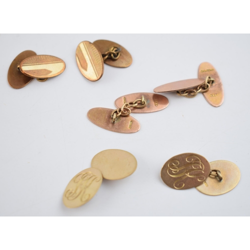 541 - Two pairs of 9ct gold cufflinks, one in rose gold, 10.4 grams, together with a plated pair (3 pairs)... 