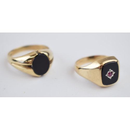 543 - 9ct gold gents ring, one set with onyx, size Z+2, with another set with a ruby amongst bright cut de... 