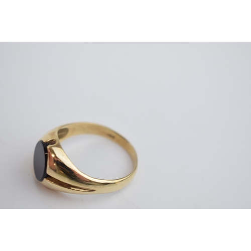 543 - 9ct gold gents ring, one set with onyx, size Z+2, with another set with a ruby amongst bright cut de... 