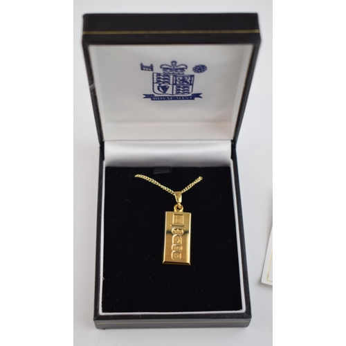 549 - 9ct gold Jubilee ingot on 9ct gold chain, hallmarked to front of ingot, 11.2 grams.