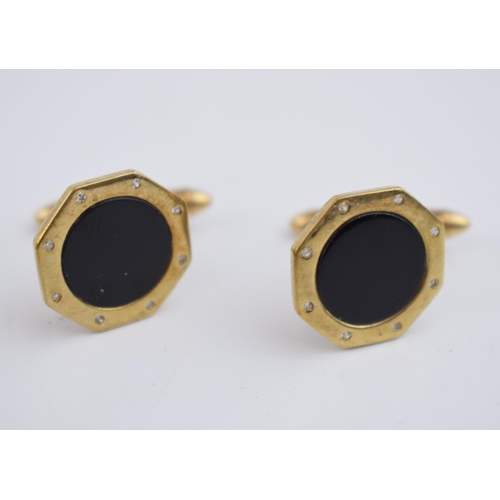 585 - 9ct gold hallmarked onyx & diamond set cufflinks, 8.64g, cased.