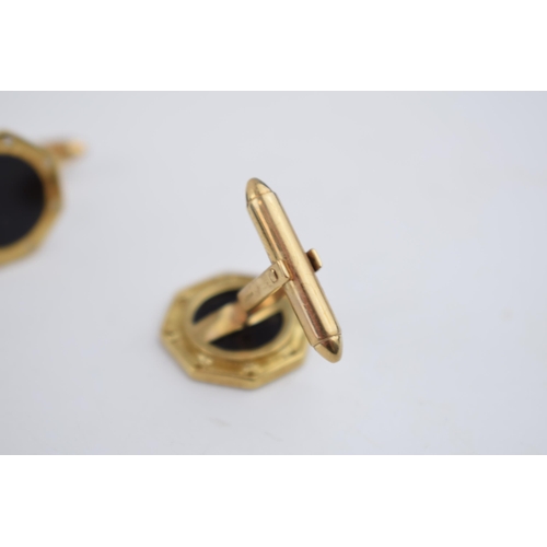 585 - 9ct gold hallmarked onyx & diamond set cufflinks, 8.64g, cased.