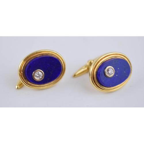 587 - 18ct gold hallmarked (2000) lapis lazuli & diamond set cufflinks, diamonds each about .20ct, gross w... 