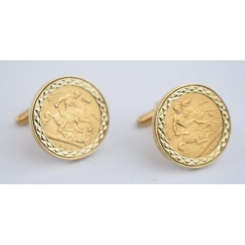 589 - Pair of HALF sovereign gold cufflinks, coins, both dated 1900, loose mounted in 9ct gold hallmarked ... 