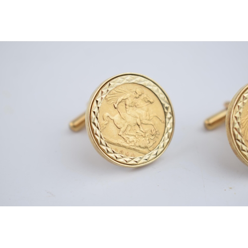 589 - Pair of HALF sovereign gold cufflinks, coins, both dated 1900, loose mounted in 9ct gold hallmarked ... 