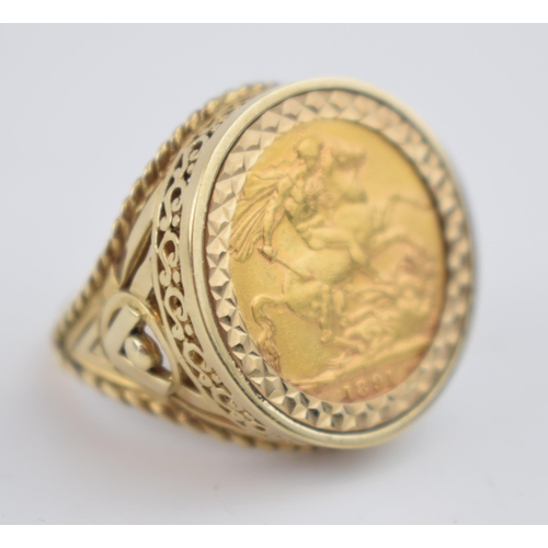 591 - FULL sovereign ring, loose mounted in a 9ct gold hallmarked ring mount.  Ring size W.  Gross weight ... 