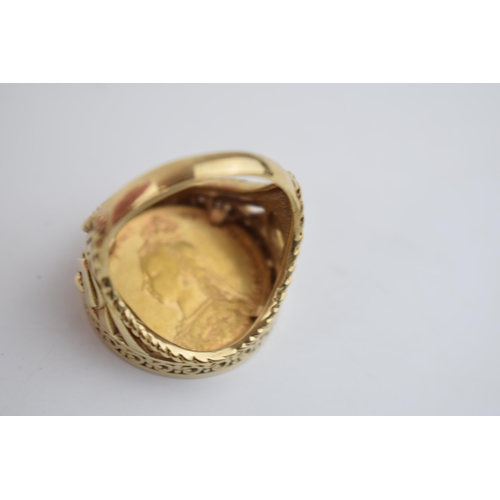 591 - FULL sovereign ring, loose mounted in a 9ct gold hallmarked ring mount.  Ring size W.  Gross weight ... 