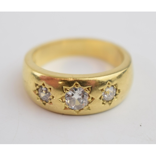 592 - 18ct gold large & heavy 3 diamond gypsy set ring, weight 14g.  Total diamond weight 0.75ct approx. (... 