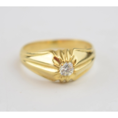 599 - 18ct gold hallmarked single diamond gypsy set ring, diamond measures 0.20 ct approx.  Weight 4.2g, r... 