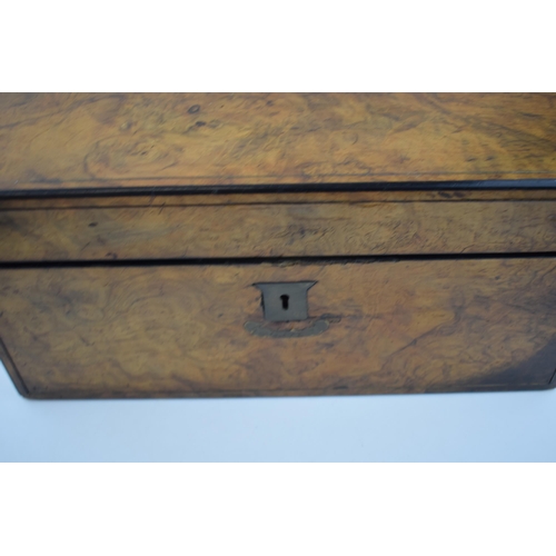 261B - Edwardian burr walnut writing slope with fitted interior, 35 x 24 x 17cm tall, brass escutcheons.