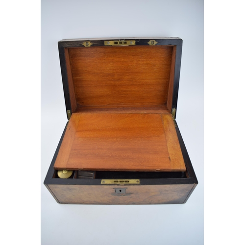 261B - Edwardian burr walnut writing slope with fitted interior, 35 x 24 x 17cm tall, brass escutcheons.