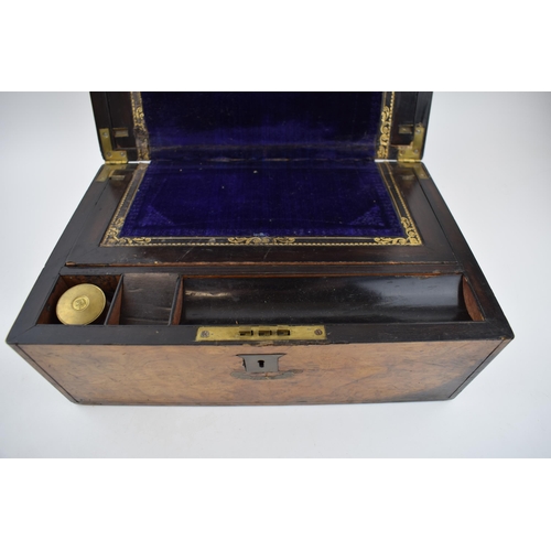 261B - Edwardian burr walnut writing slope with fitted interior, 35 x 24 x 17cm tall, brass escutcheons.