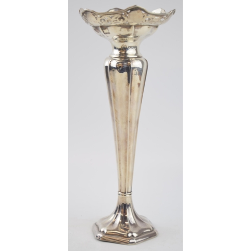 554 - Hallmarked silver ornate trumpet vase, pierced decoration, loaded base, Sheffield 1922, 28cm tall, g... 