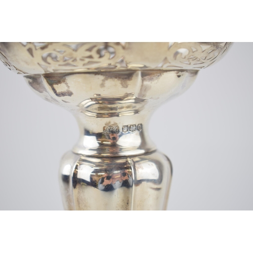 554 - Hallmarked silver ornate trumpet vase, pierced decoration, loaded base, Sheffield 1922, 28cm tall, g... 