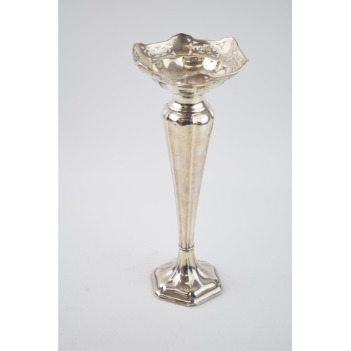 554 - Hallmarked silver ornate trumpet vase, pierced decoration, loaded base, Sheffield 1922, 28cm tall, g... 